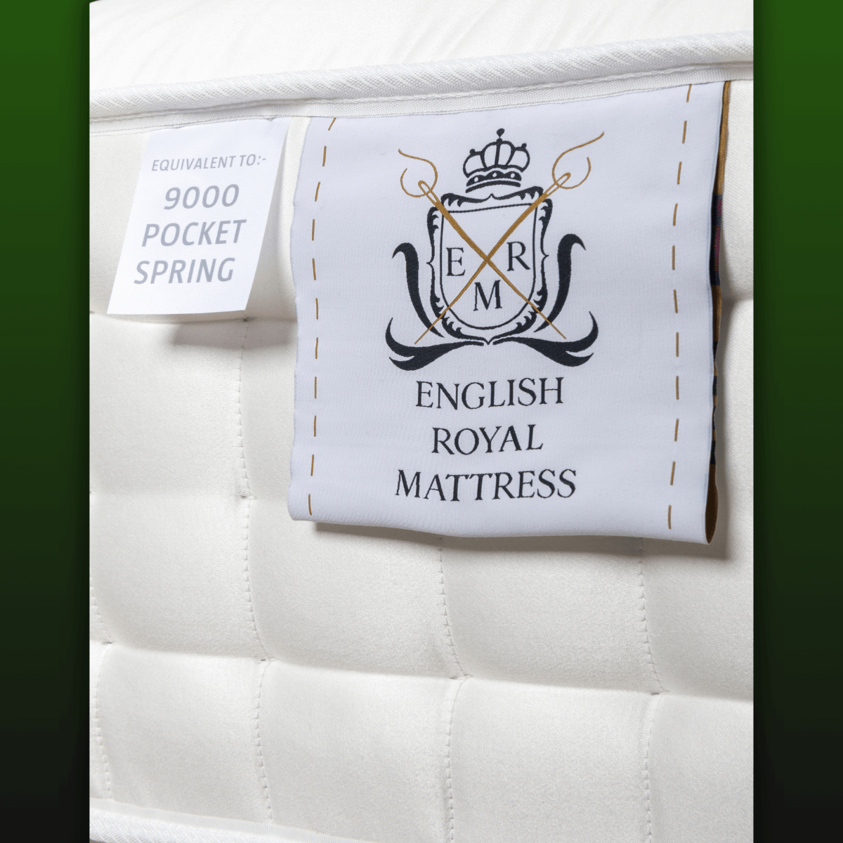 English Royal Mattress with traditional craftsmanship and natural, organic materials, featuring 9000 pocket spring equivalent.