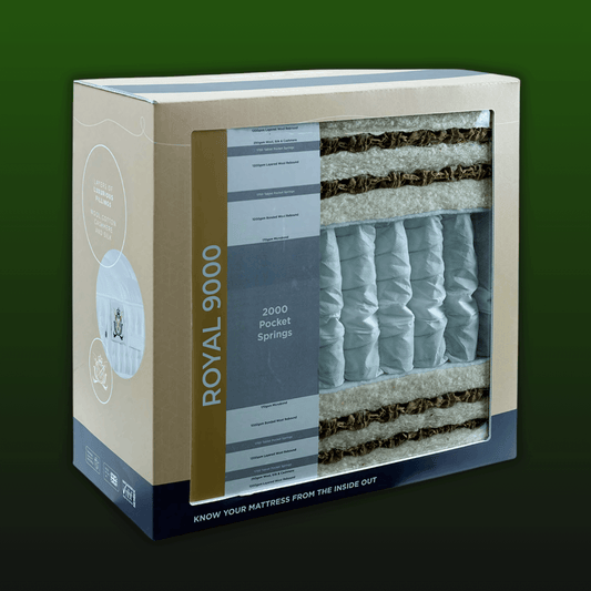Natural organic English Royal Mattress 9000 with traditional handmade pocket springs packaging.