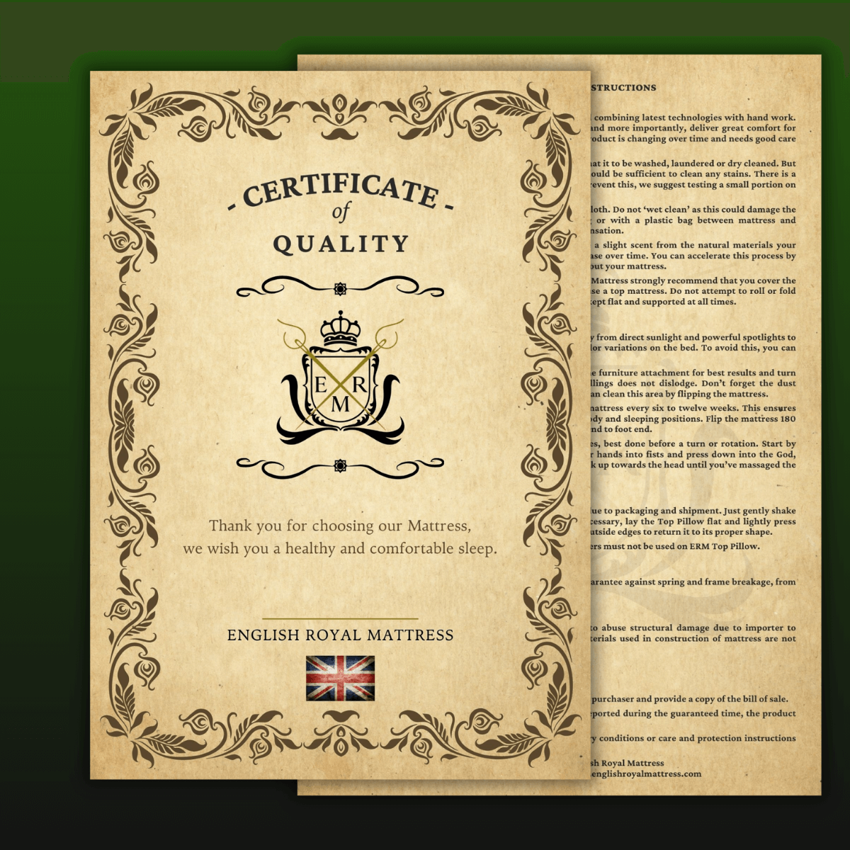 English Royal Mattress certificate of quality with ornate design and British flag, ensuring healthy and comfortable sleep.