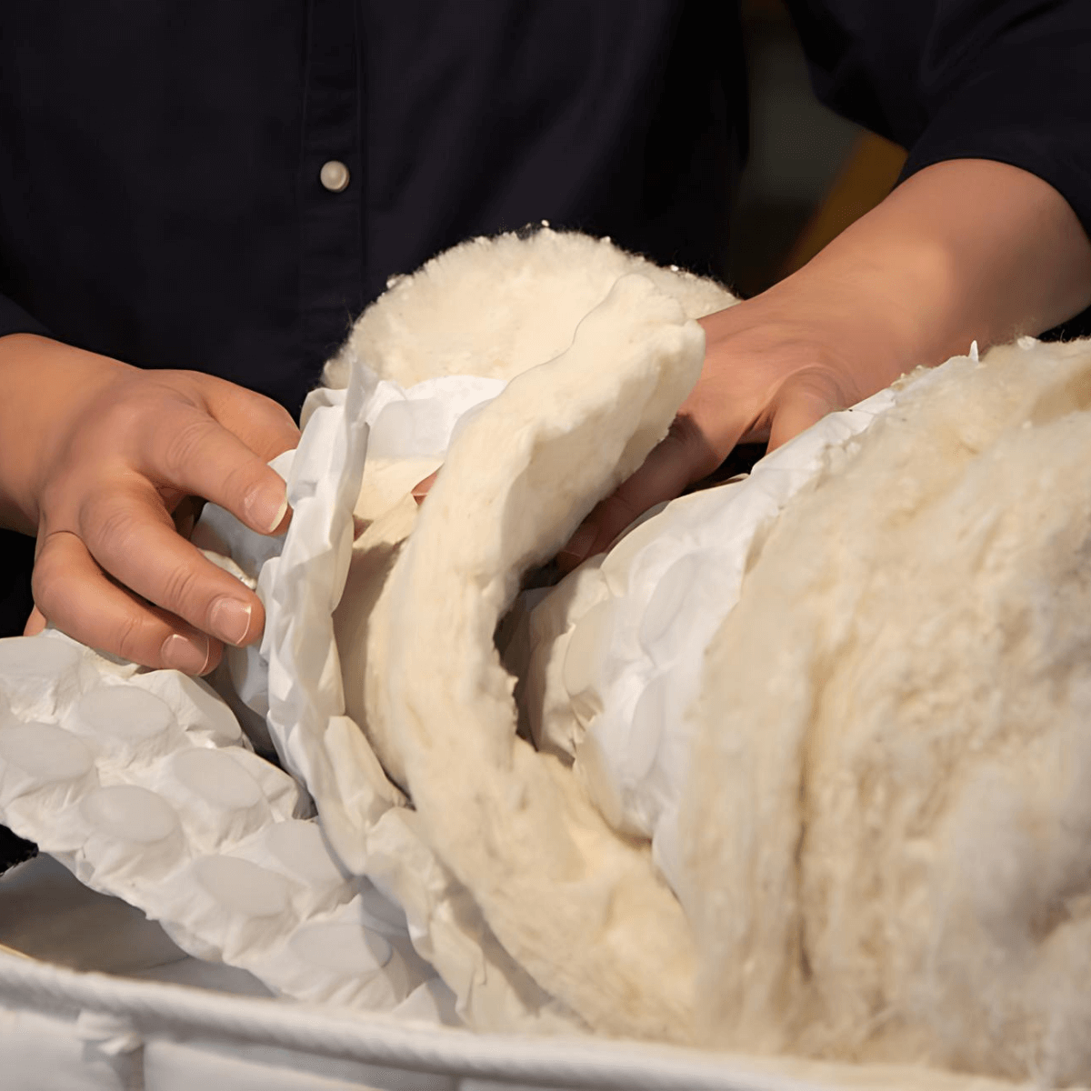 Artisan crafting natural and organic mattress by hand using traditional methods, showcasing quality materials and craftsmanship.