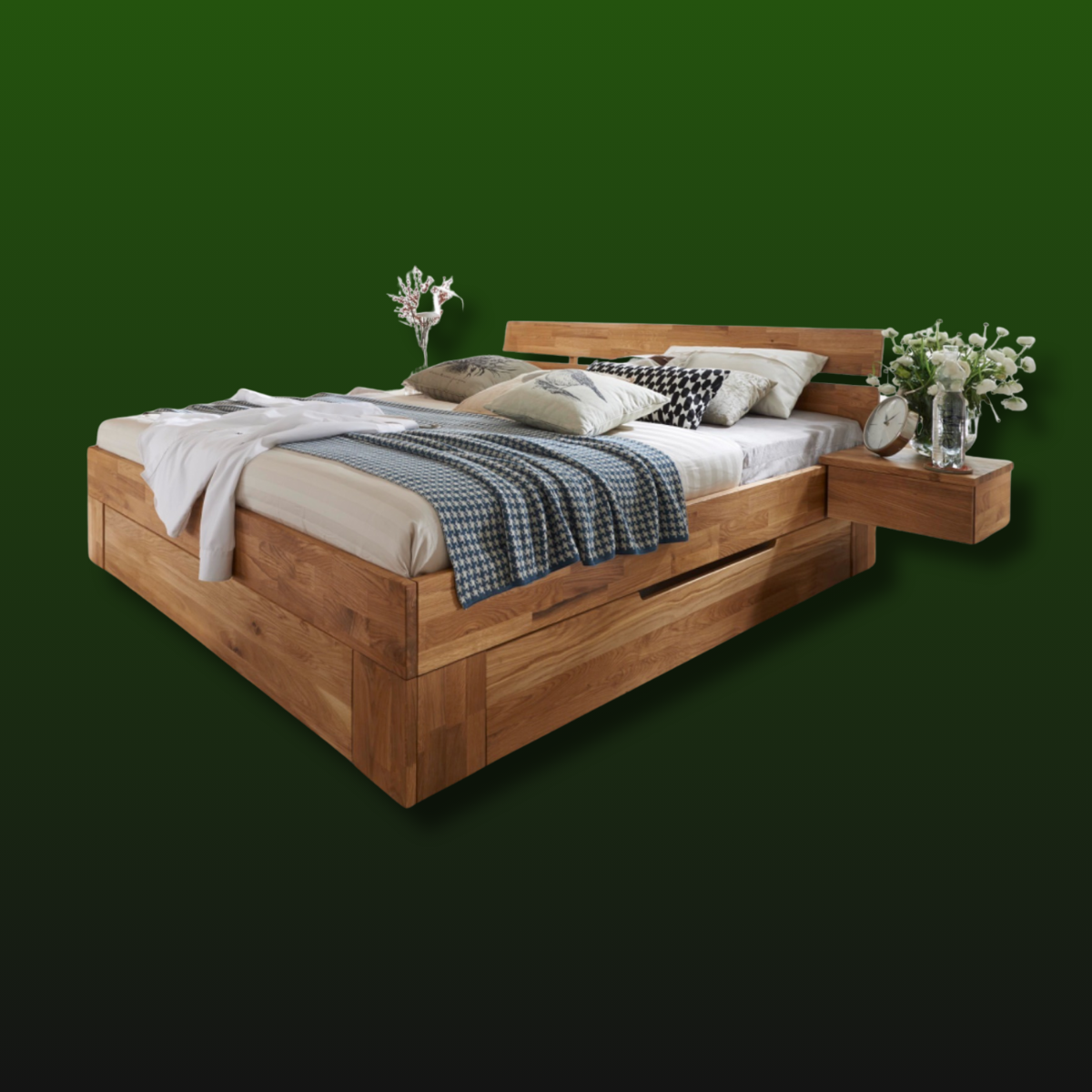 Balmoral solid oak bed frame featuring premium craftsmanship and modern design elements with elegant bedding.