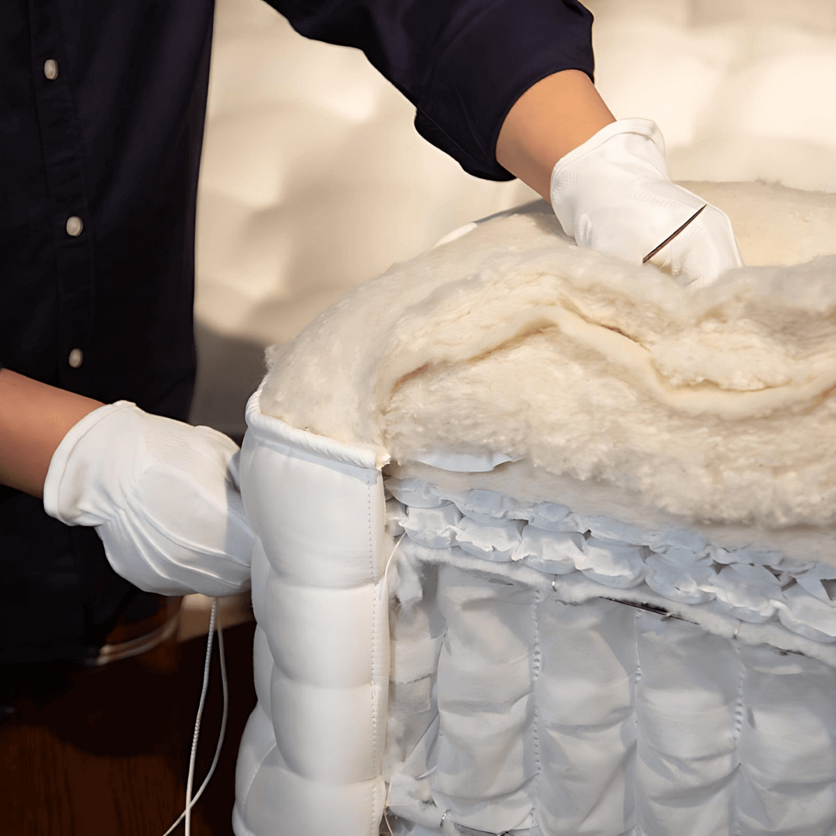 Artisan crafting a natural, organic mattress with traditional British techniques.