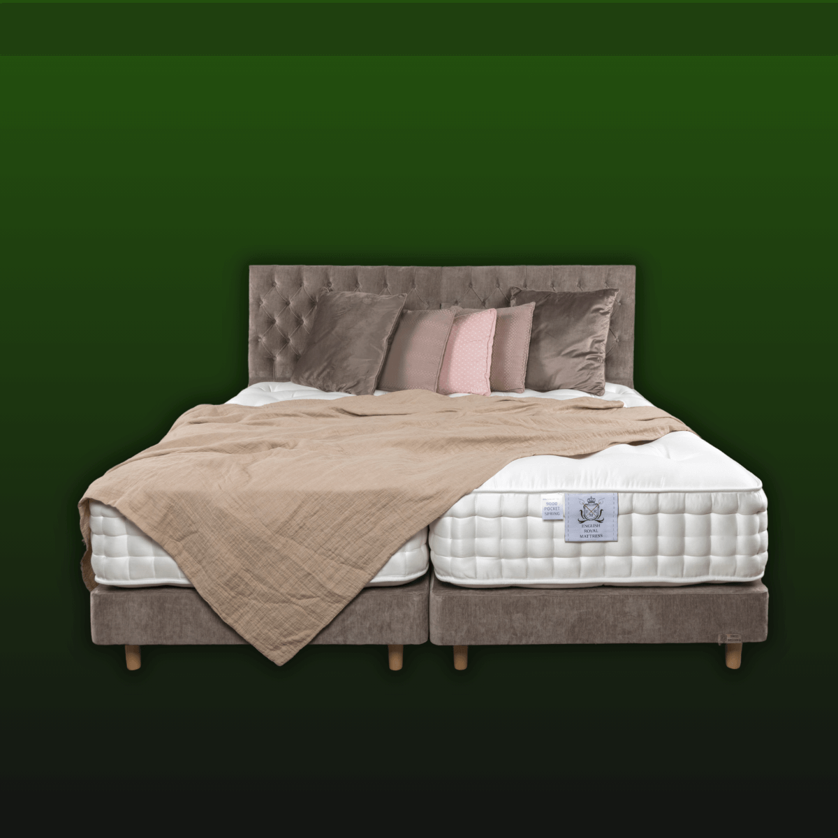 Luxurious English Royal Mattress with organic, natural fillers and traditional handmade craftsmanship, set on a stylish bed frame.